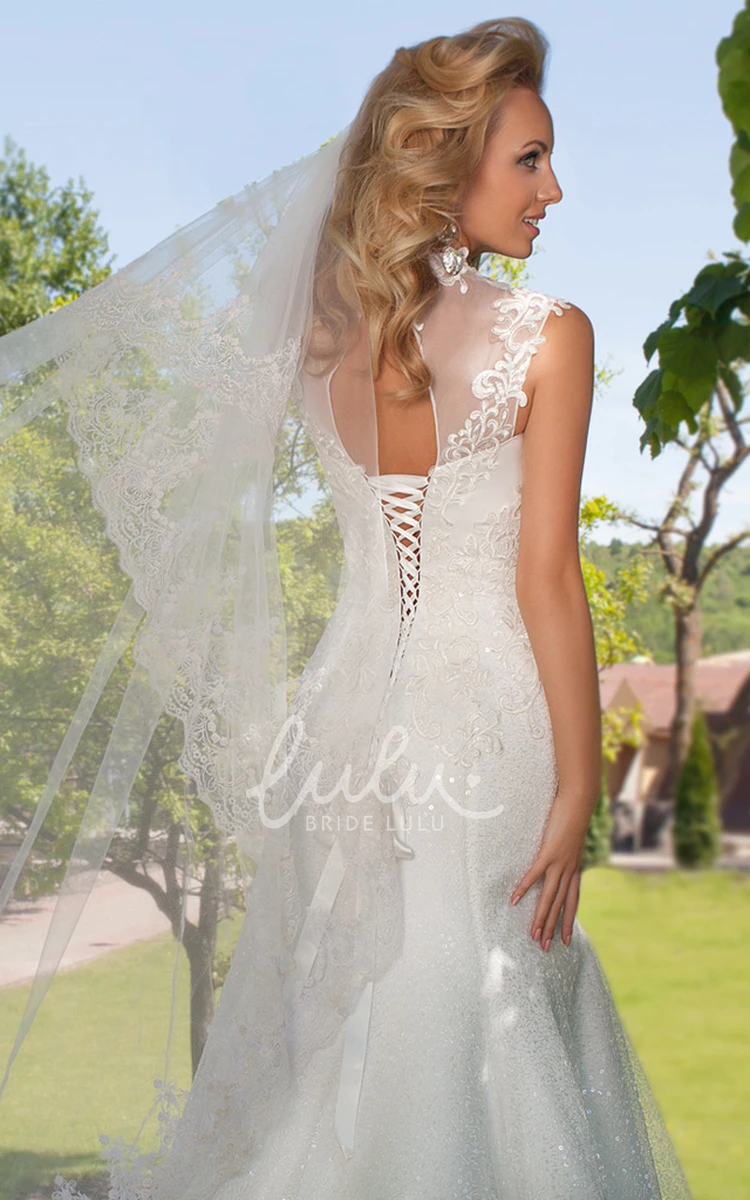 High Neck Sheath Lace Wedding Dress With Keyhole Back Beading and Cap-Sleeves