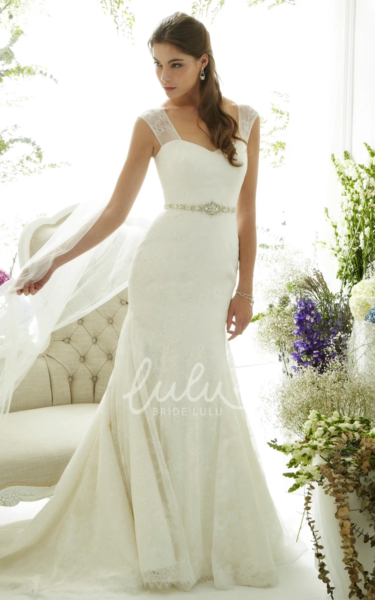 Sleeveless Lace Wedding Dress with Queen Anne Neckline Jeweled Waist and Illusion Detail