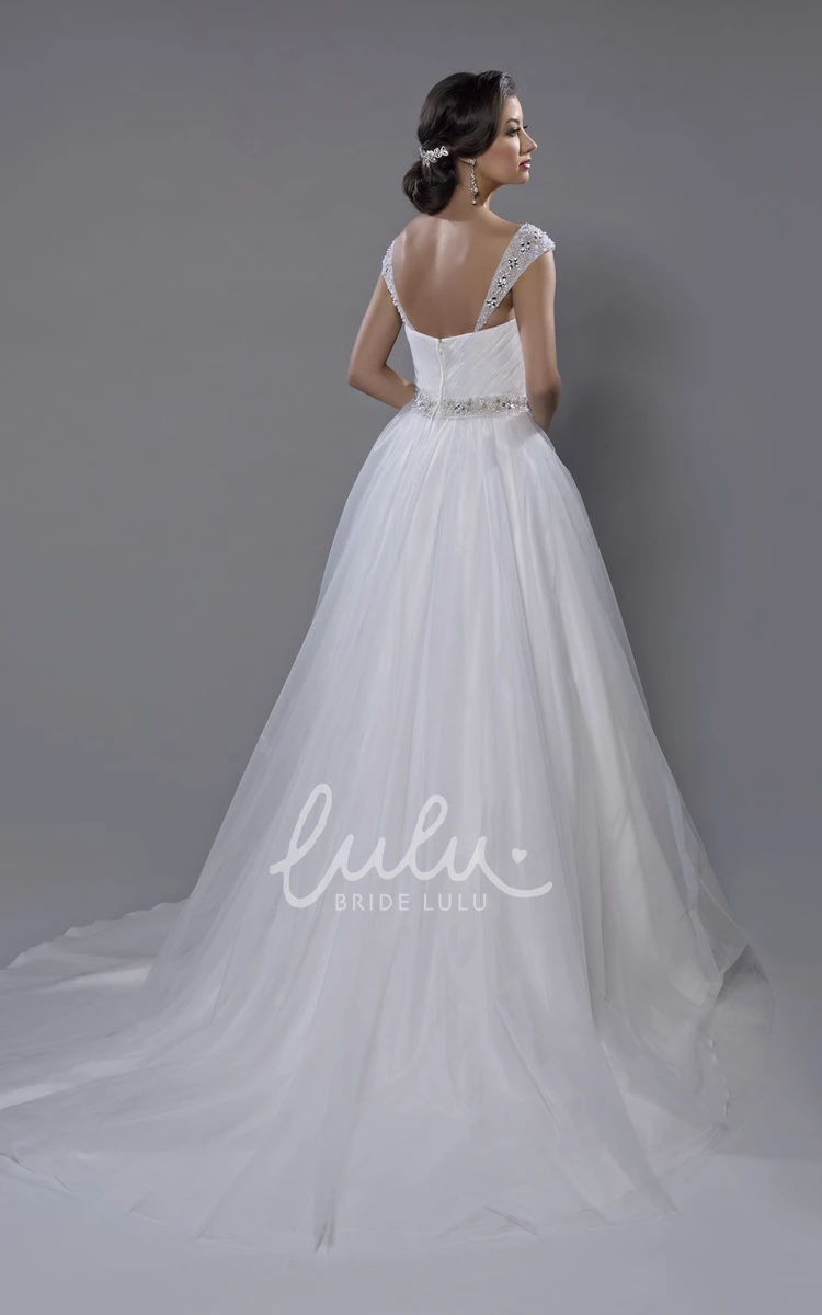 Beaded Shoulder Ruched Crisscross Bodice Tulle A-Line Wedding Dress