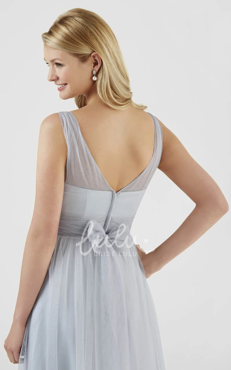 Tulle Bowed Bridesmaid Dress Ruching Sleeveless V-Neck Prom Dress