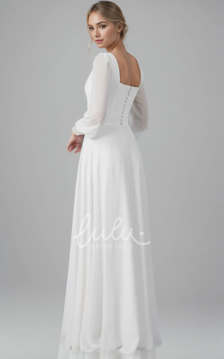 Summer Modest Long Sleeve A-Line Sweetheart Floor Wedding Dress Casual Pure Elegant Button Back Gown