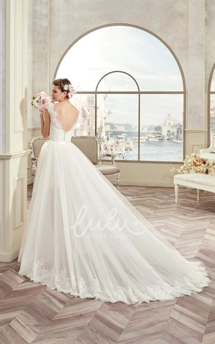 Short Lace Wedding Dress with Detachable Overlayer and Open Back V-neck Bridal Gown