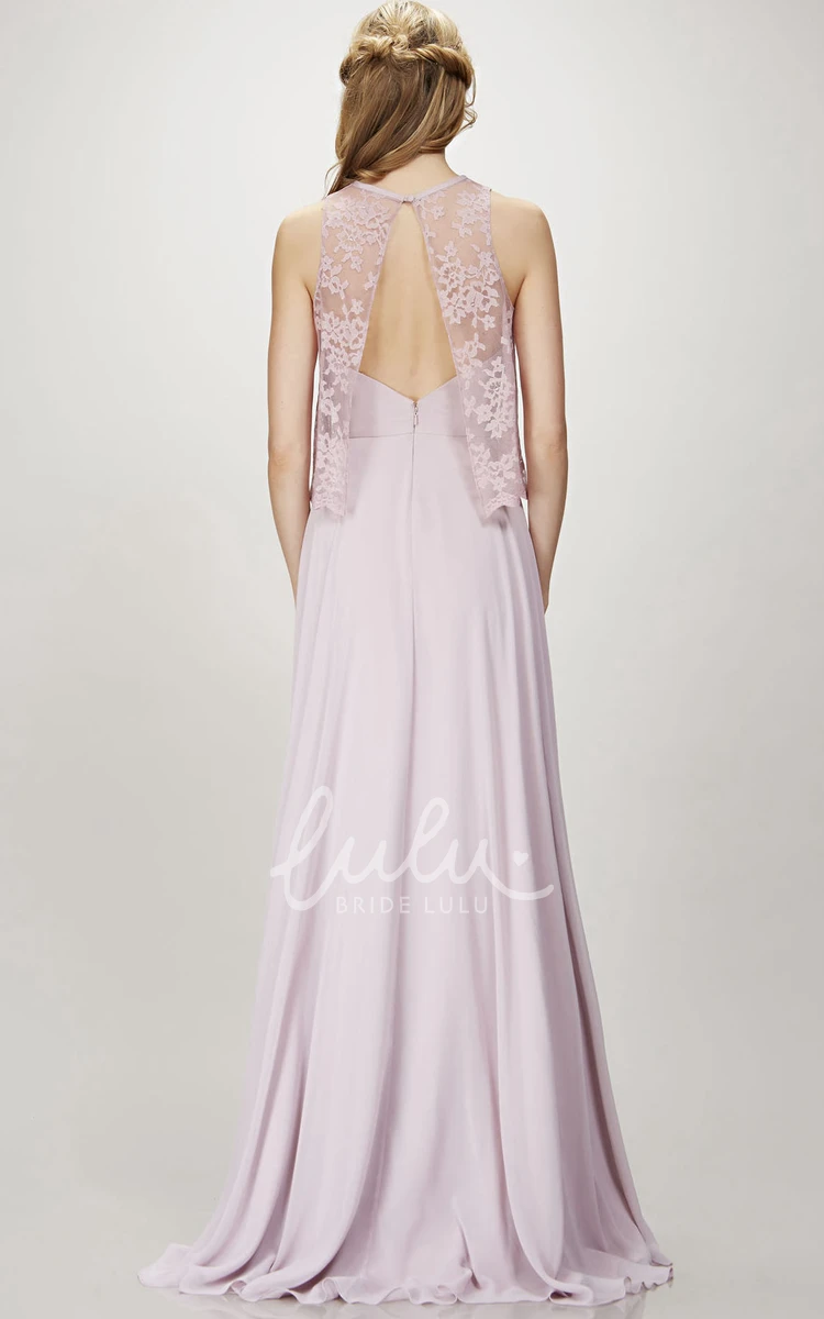 Jewel Neck Chiffon Bridesmaid Dress with Lace and Deep-V Back Classy Bridesmaid Dress