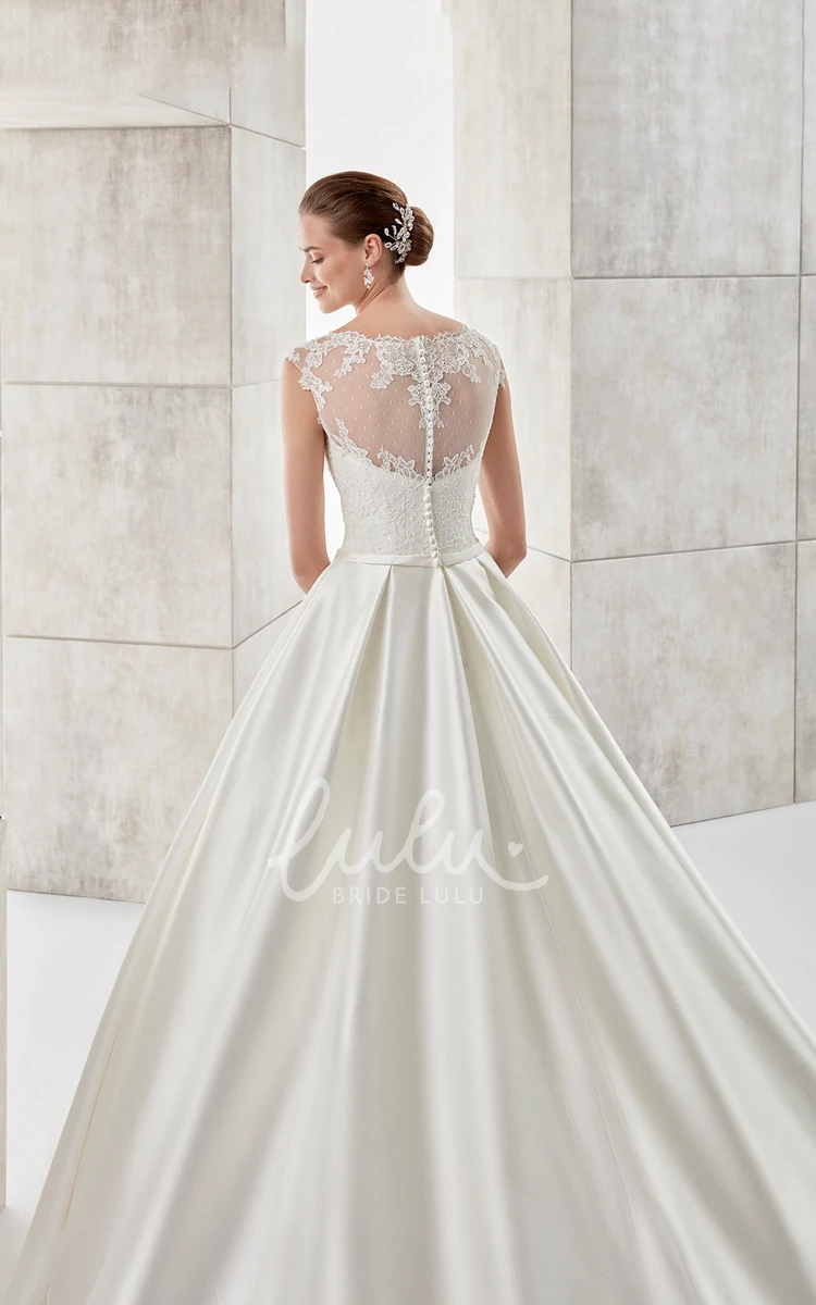 Brush Train A-line Satin Wedding Dress with Scalloped-Neck and Cap-Sleeves Chic Wedding Dress