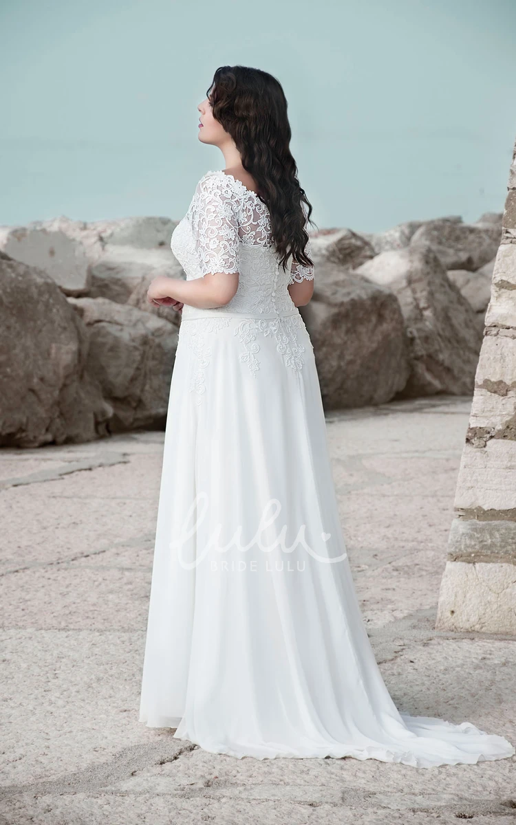 Lace Chiffon A-Line Wedding Dress with Illusion Appliques Long Sleeve