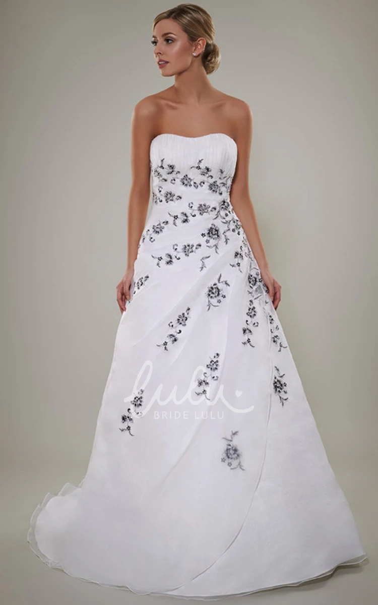 Embroidered Satin Wedding Dress with Side Draping and Backless Style A-Line Floor-Length
