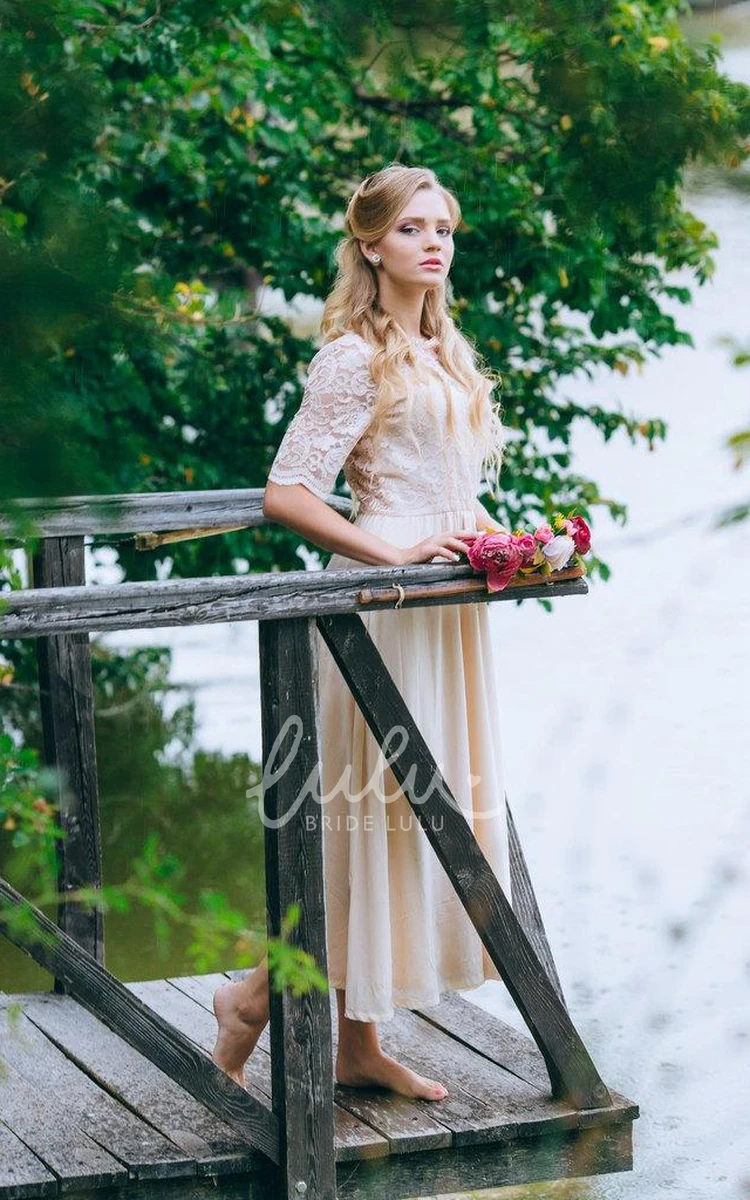 Boho Lace Ankle-Length Chiffon Wedding Dress in Blush A-Line Style