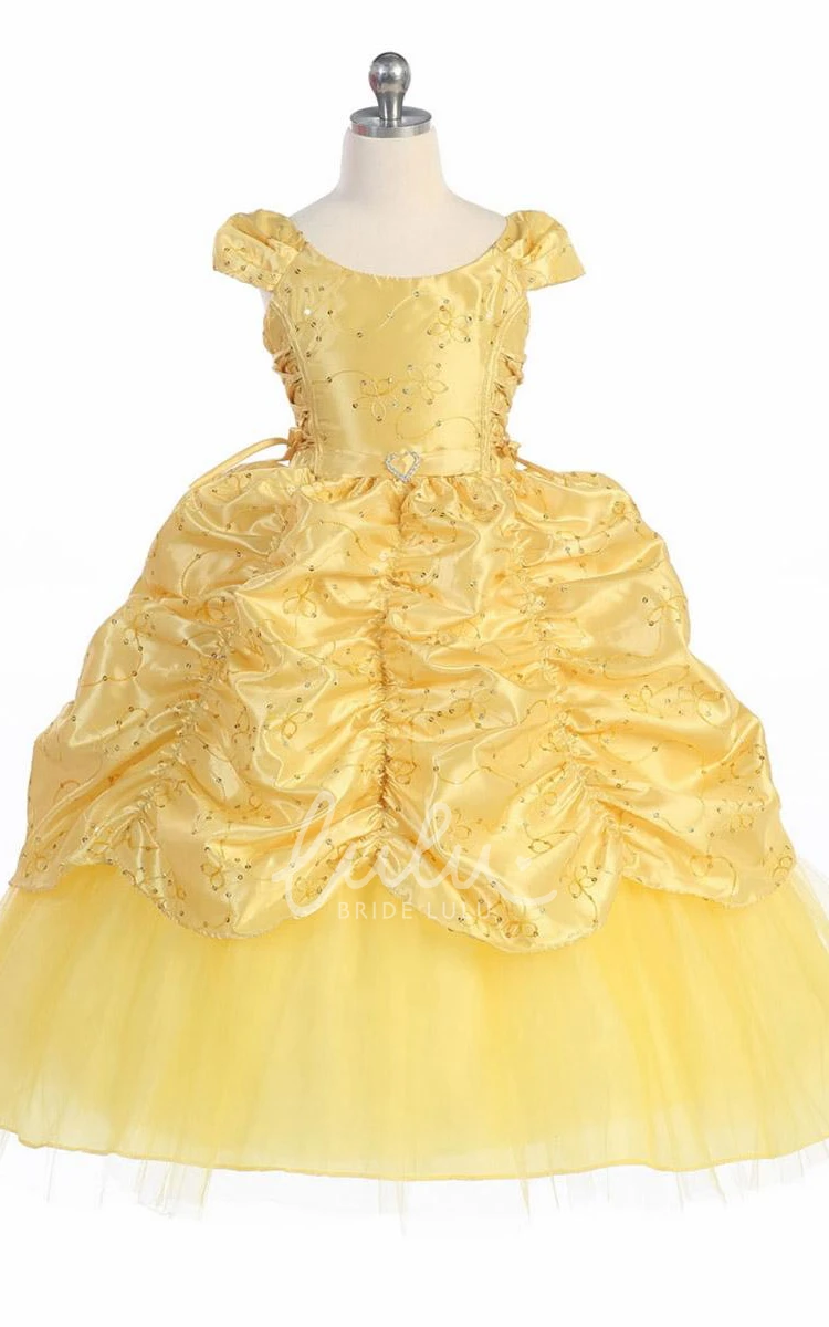 Ankle-Length Embroidered Lace and Taffeta Flower Girl Dress with Brooch