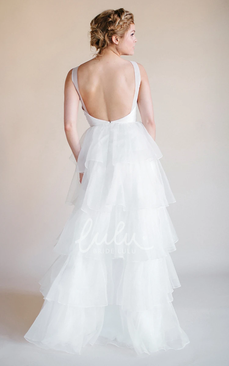 Organza V-Neck Wedding Dress Sleeveless Tiers & Backless Design Elegant