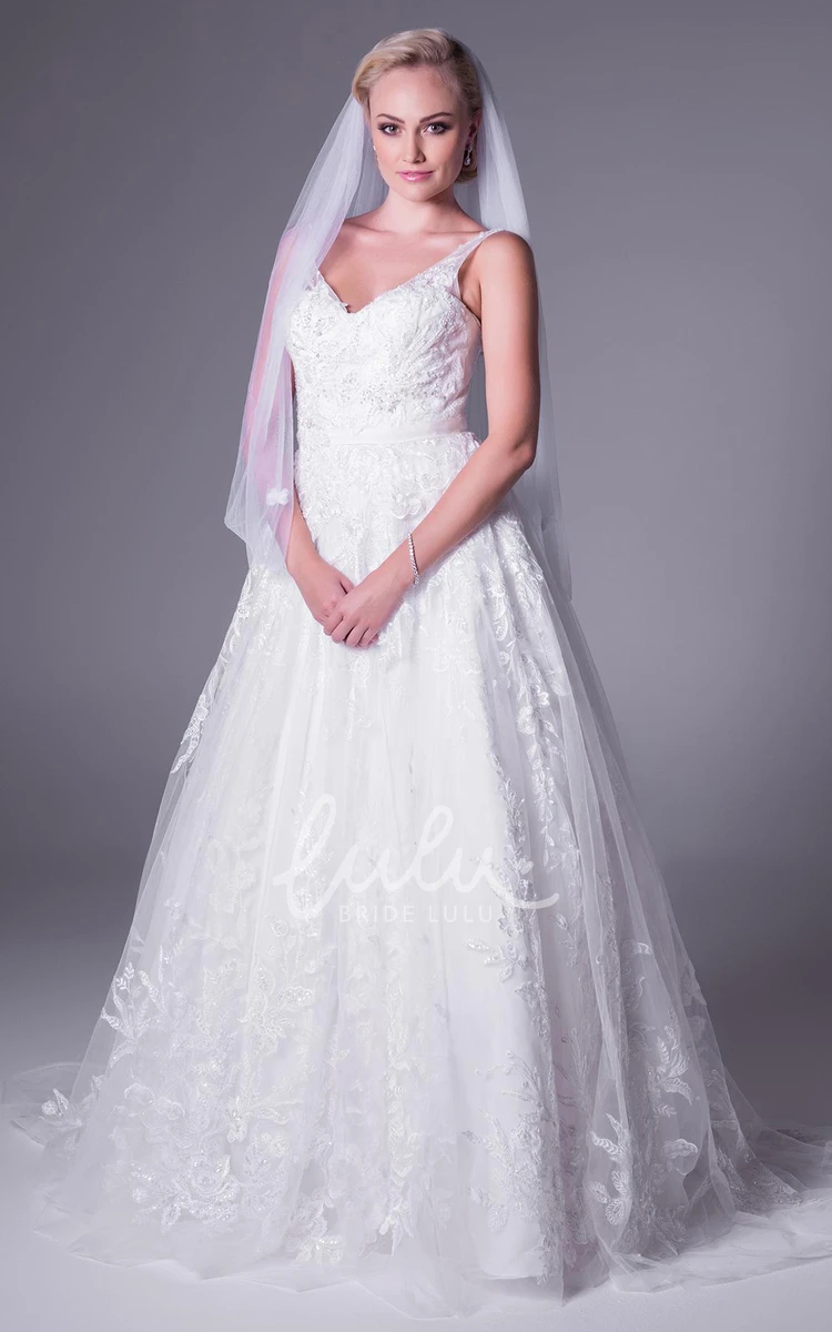 V-Neck Lace Wedding Dress with Appliques A-Line Floor-Length