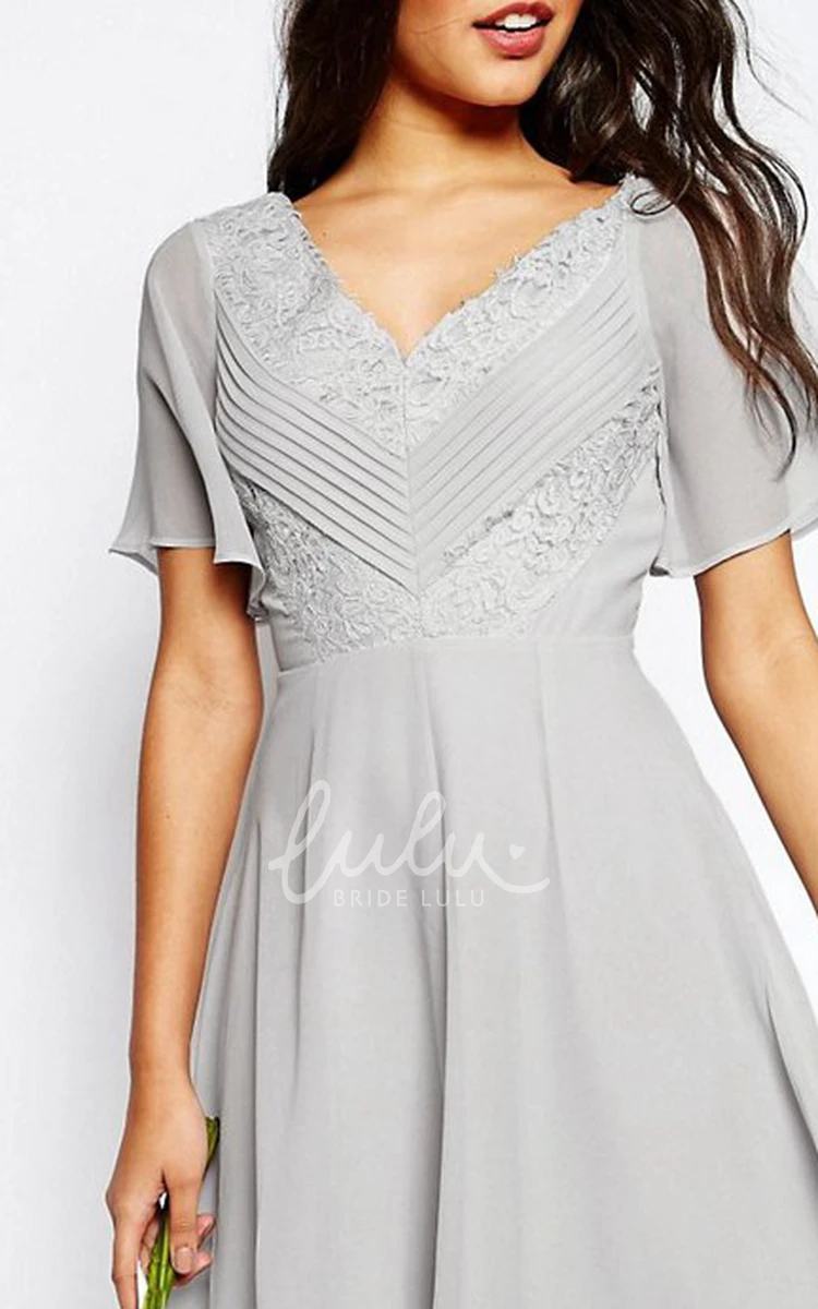 Lace Poet Sleeve V-Neck Chiffon Bridesmaid Dress with Ruching Unique Prom Dress