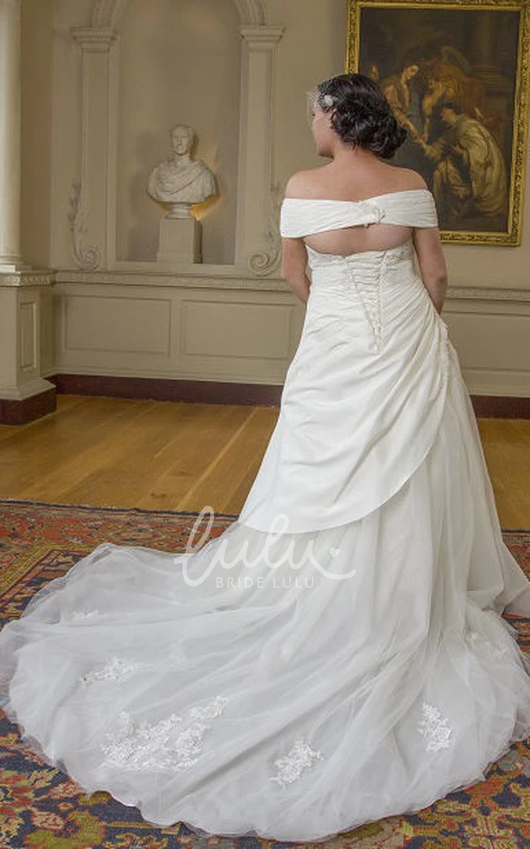 Off-Shoulder Taffeta Wedding Dress with Tulle Train Flowy Bridal Gown