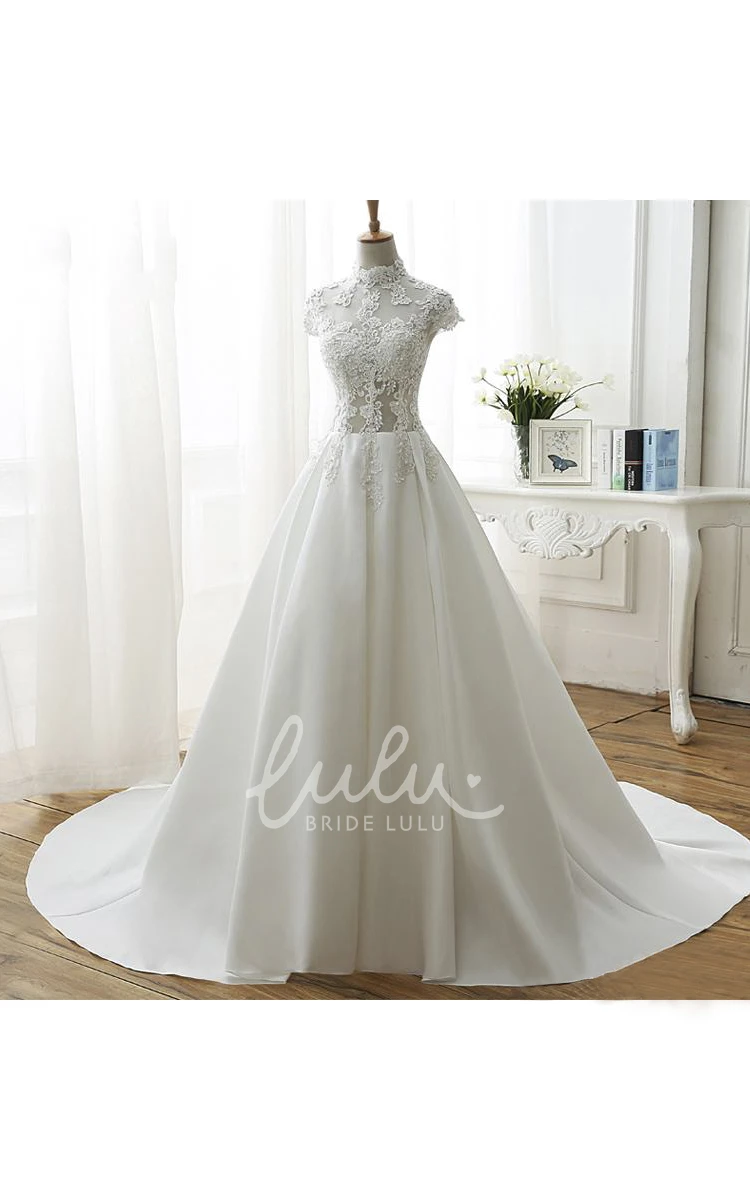 Illusion High Neck Ball Gown Wedding Dress with Beadings and Appliques