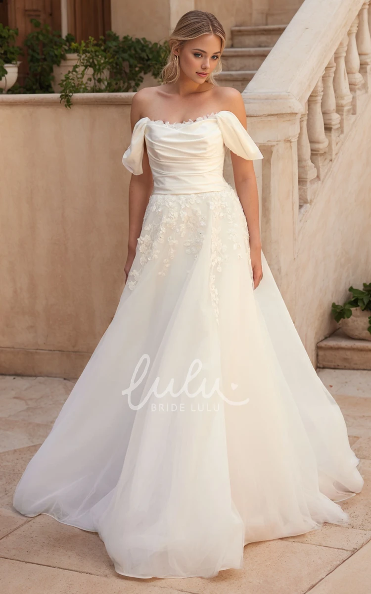 Elegant Romantic Off-the-shoulder A-Line Lace Wedding Dress Vintage Ruching Backless Ball Gown