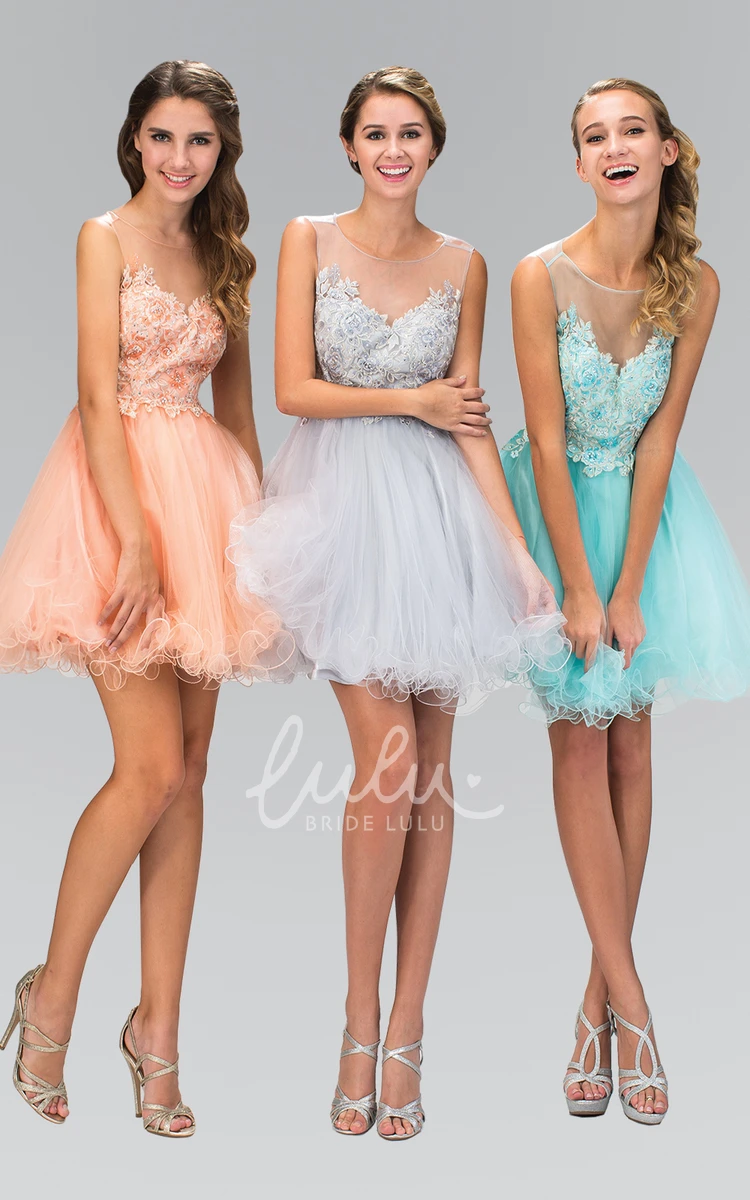 Applique Tulle Illusion A-Line Prom Dress with Scoop Neck