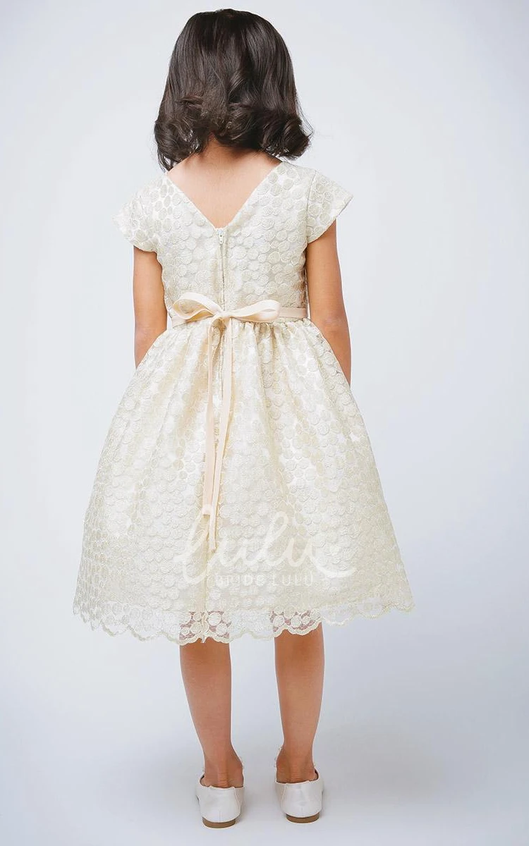 Scalloped Cap-Sleeve Satin Flower Girl Dress Tea-Length Bowed