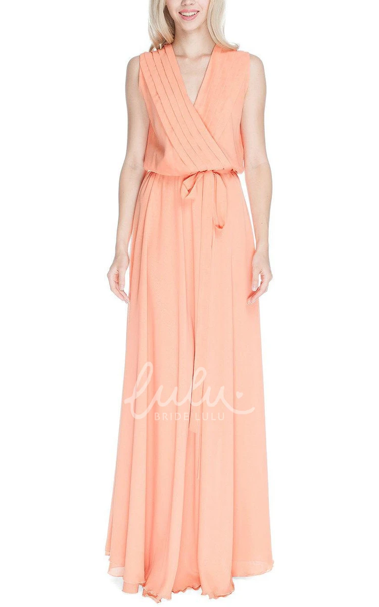 Floor-length Bridesmaid Dress with V-neck Sash and Ruching