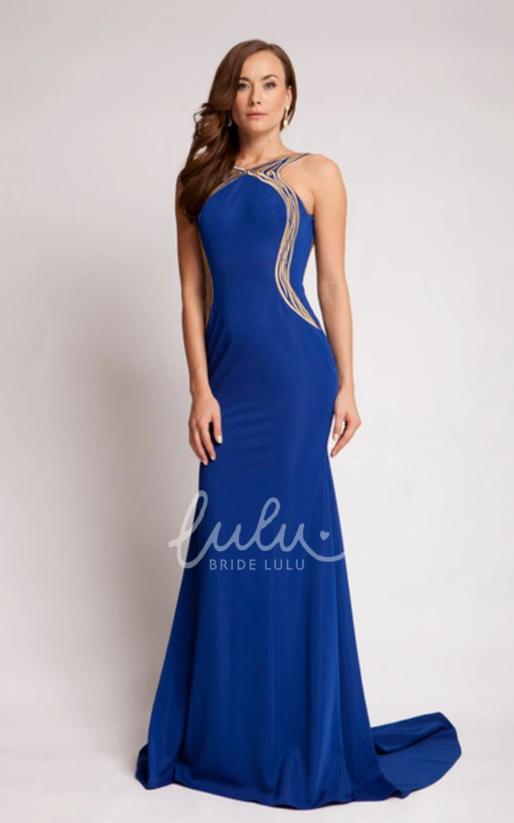 Backless Jersey Prom Dress with Sweep Train Sleeveless Sheath Floor-Length