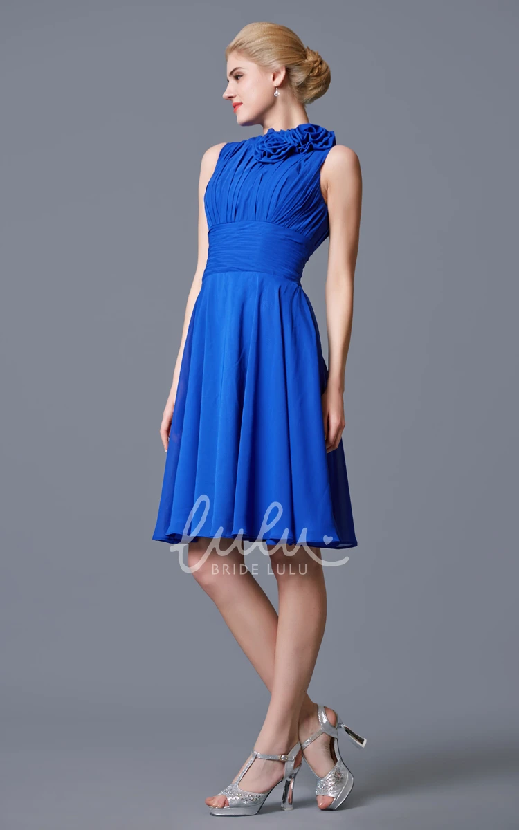 High Neck Empire Chiffon Short Dress with Bandage Modest Bridesmaid Dress