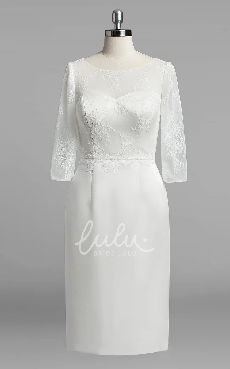 Satin Sheath Wedding Dress with Lace Bodice and 3/4 Sleeves