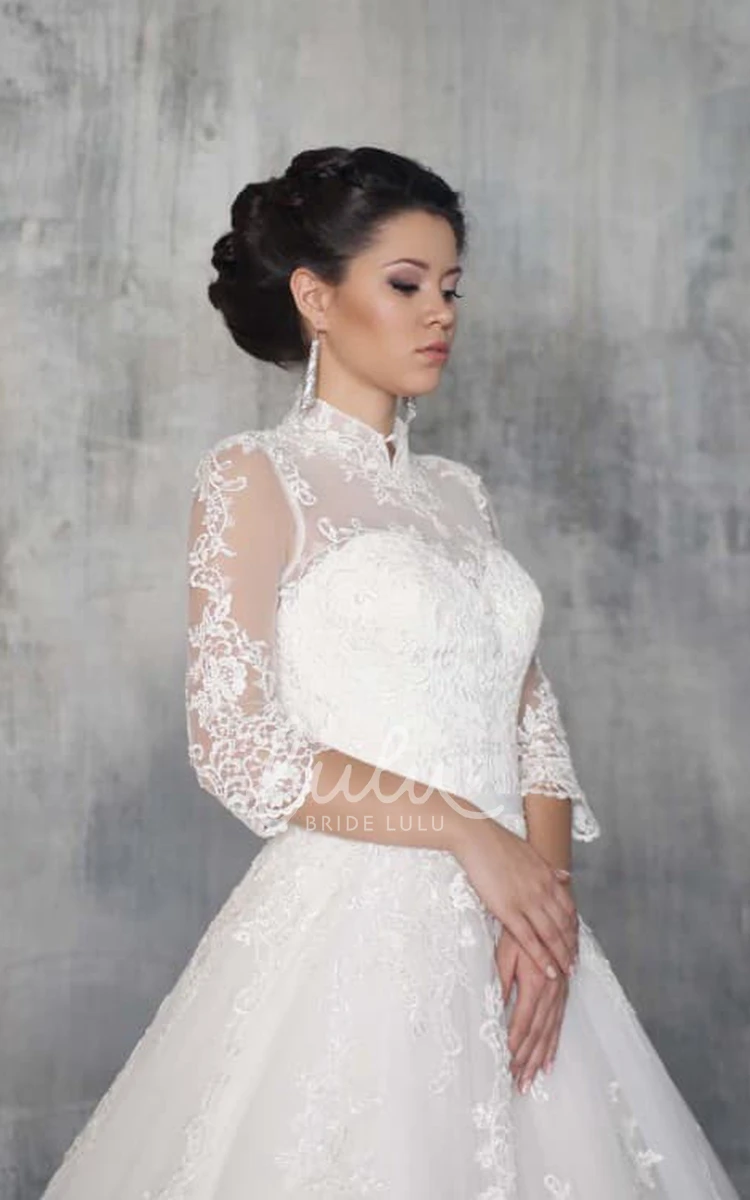 Illusion Tulle Ball Gown Wedding Dress with 3/4 Sleeves and Appliques