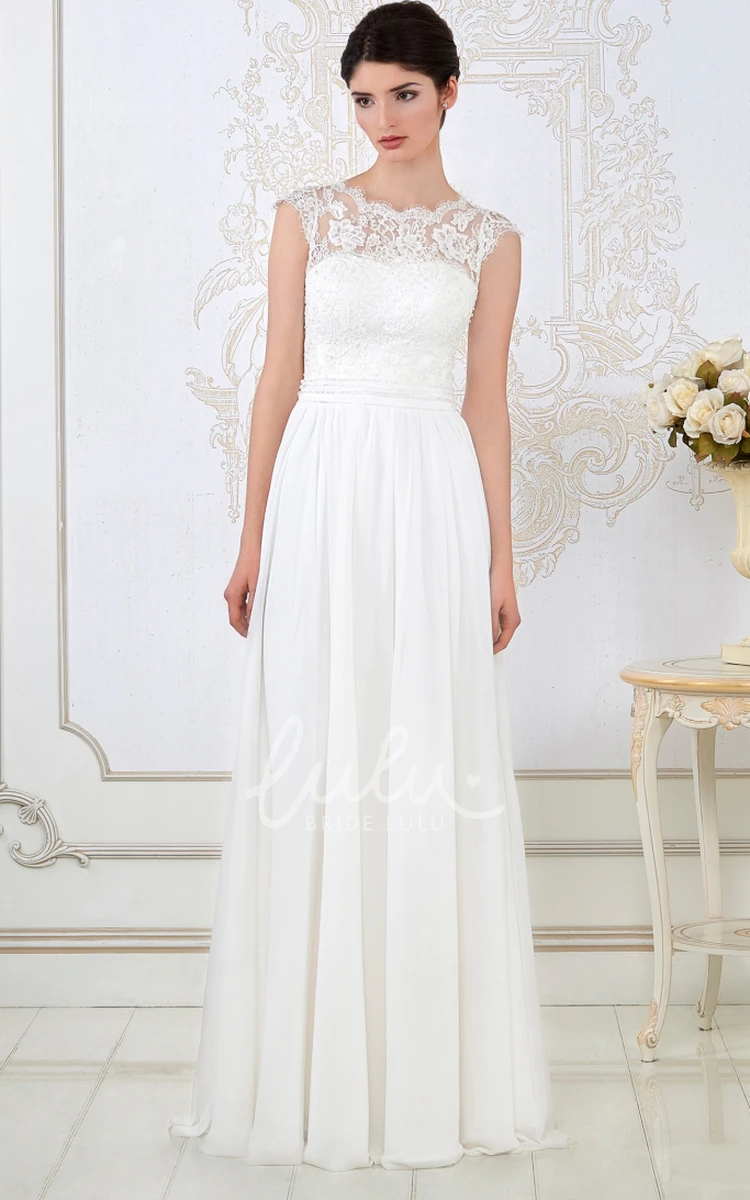 Pleated Appliqued Scoop-Neck Long A-Line Wedding Dress