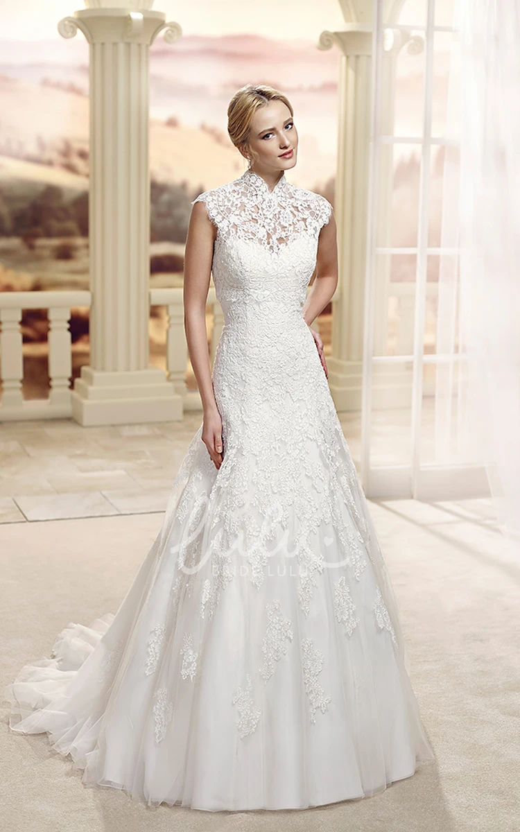 A-Line High-Neck Appliqued Lace Floor-Length Wedding Dress