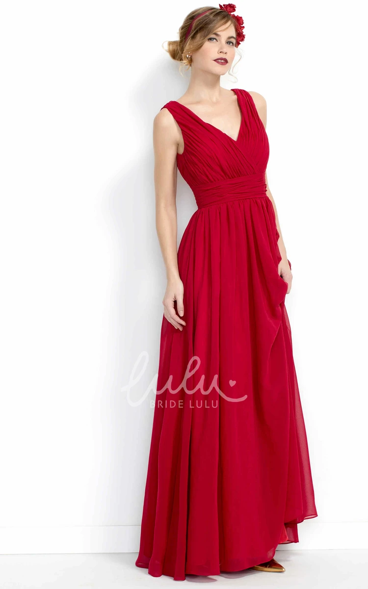 Chiffon V-Neck Bridesmaid Dress with Draped Design Flowy Maxi Dress