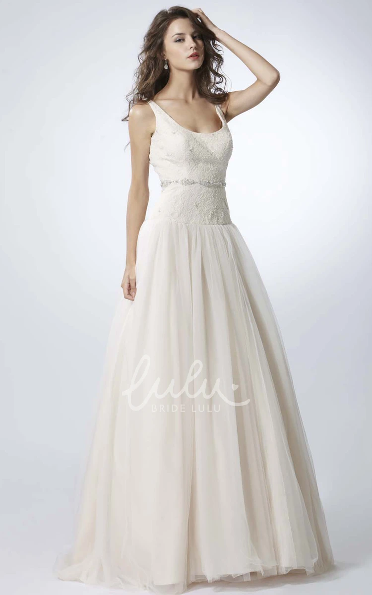 Jeweled Tulle V-Back Wedding Dress with Sweep Train Elegant Bridal Gown