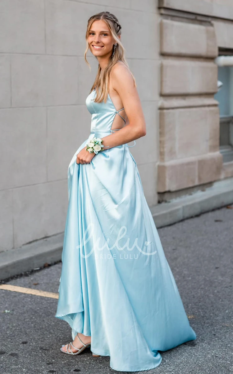 Elegant Off-Shoulder Satin A-line Evening Dress with Split Front and Train Bohemian Prom Dress