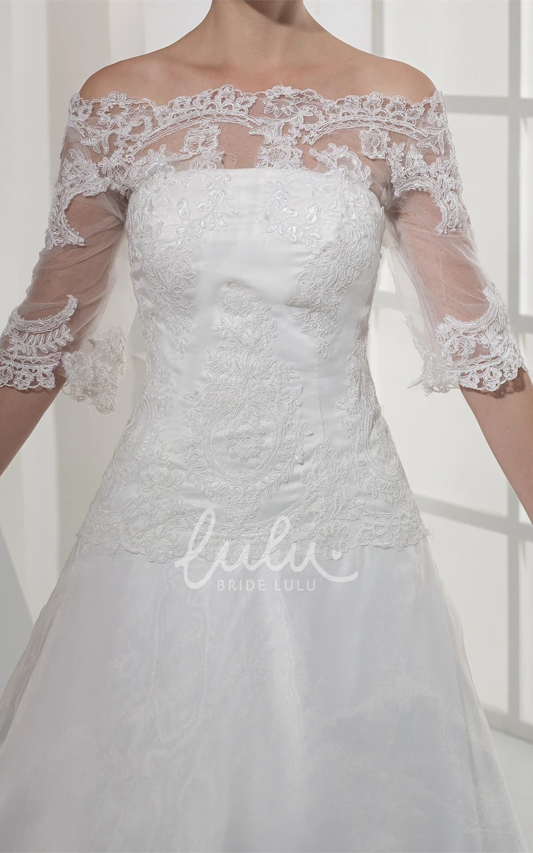 A-Line Lace Wedding Gown with Appliques Half Sleeves Off-The-Shoulder