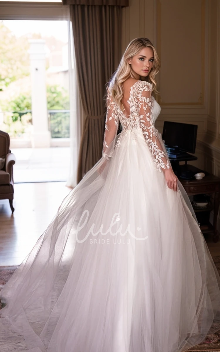 Modern Sexy A-Line Winter Boho Sheer Long Sleeve Wedding Dress Delicate Flowy V-Neck Backless Floor Length Bridal Gown with Appliques