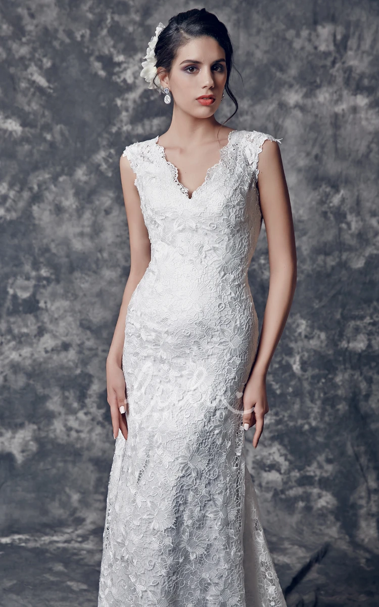 Trumpet Wedding Dress with Vintage-Inspired V-Shaped Back Cutout and Brush Train